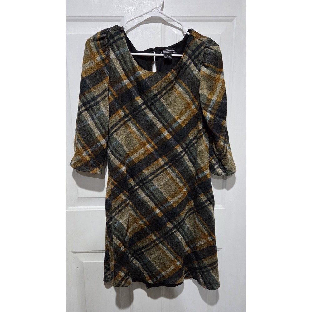 Jessica Howard Plaid 3/4 Sleeve Dress Women L- Gold, Black & Gray- Fall / Autumn